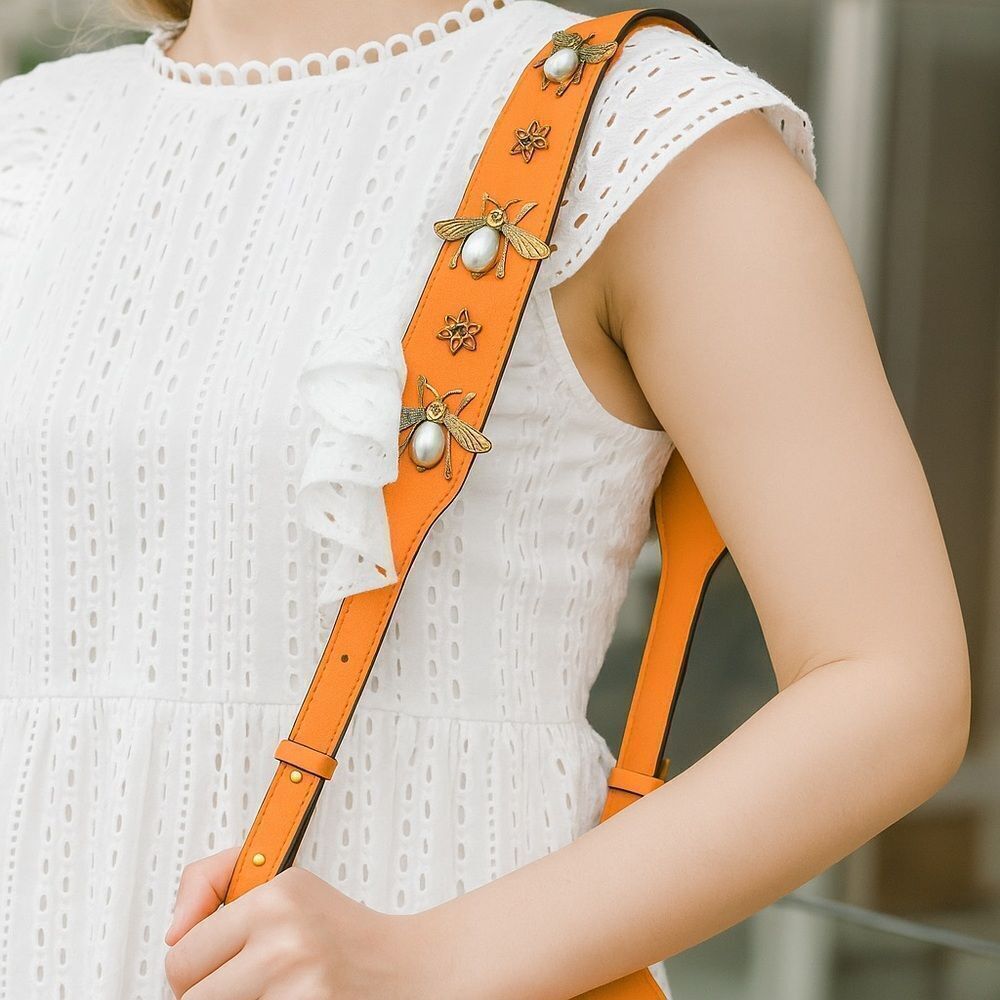 Orange Leather Purse Strap with Gold Pearl BEE and Flower Accents NWT Adjustable